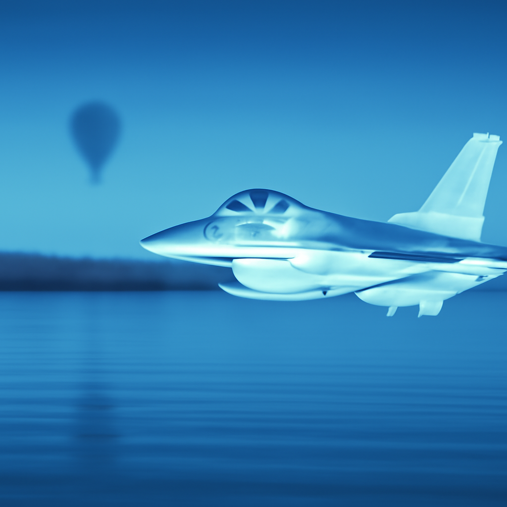 F-16 fighter jet flies low over calm lake with distant balloon.