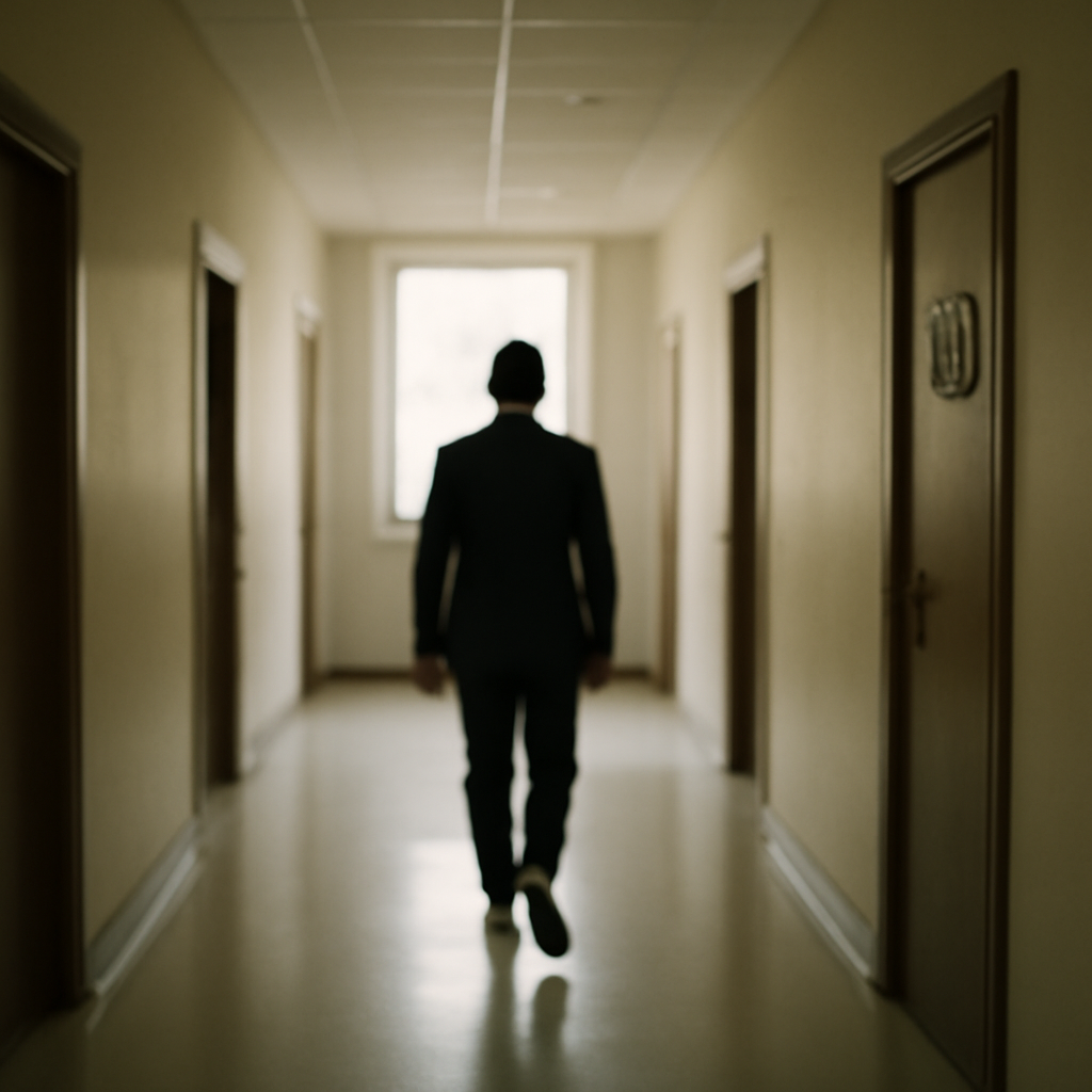 A figure in a business suit walks down a softly lit institutional hallway towards a window with daylight filtering in.