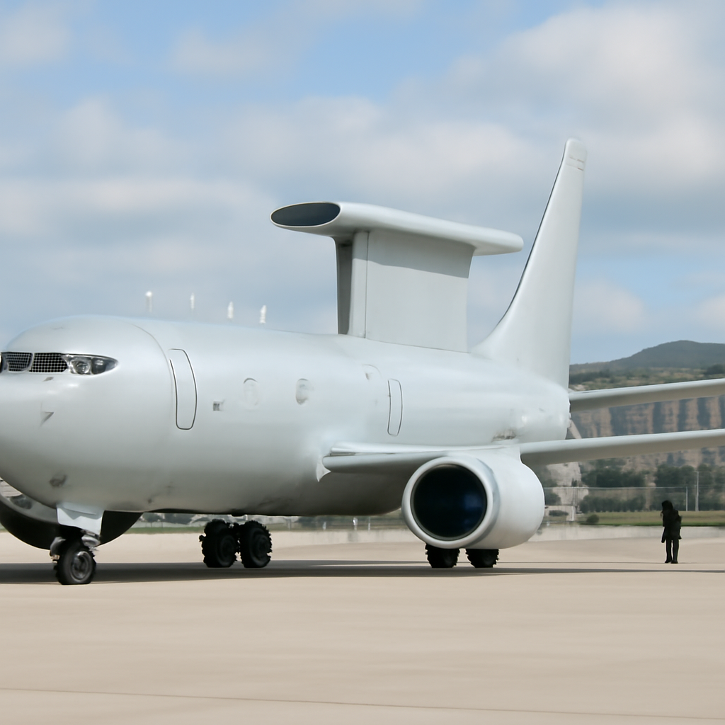 Boeing E-7 Wedgetail aircraft on a runway with officials in the distance.