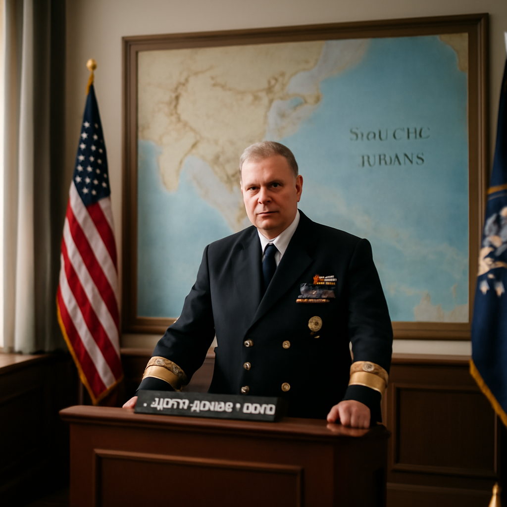 Senior officer Adm. Samuel Paparo stands at a podium in a formal military briefing room with a Pacific region map behind him.