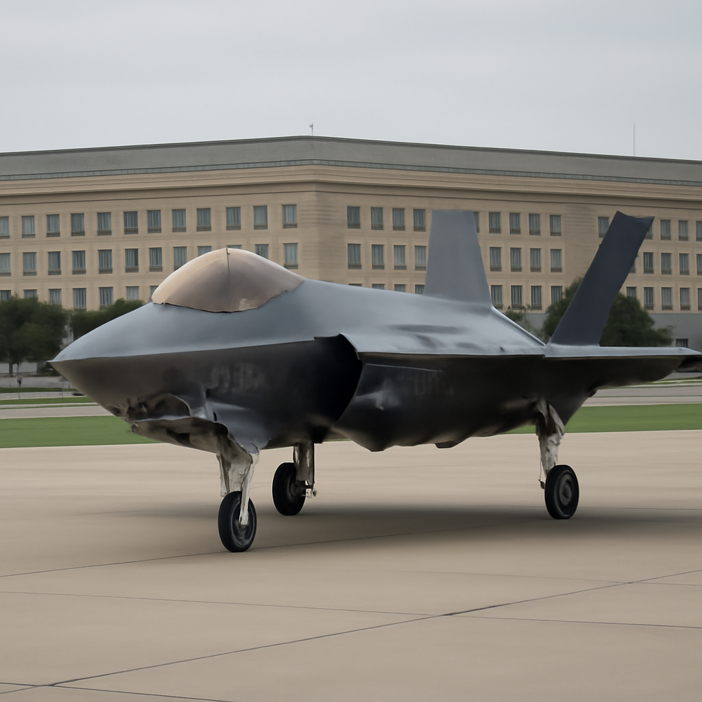 F-35 military aircraft on a runway with a government building in the background.