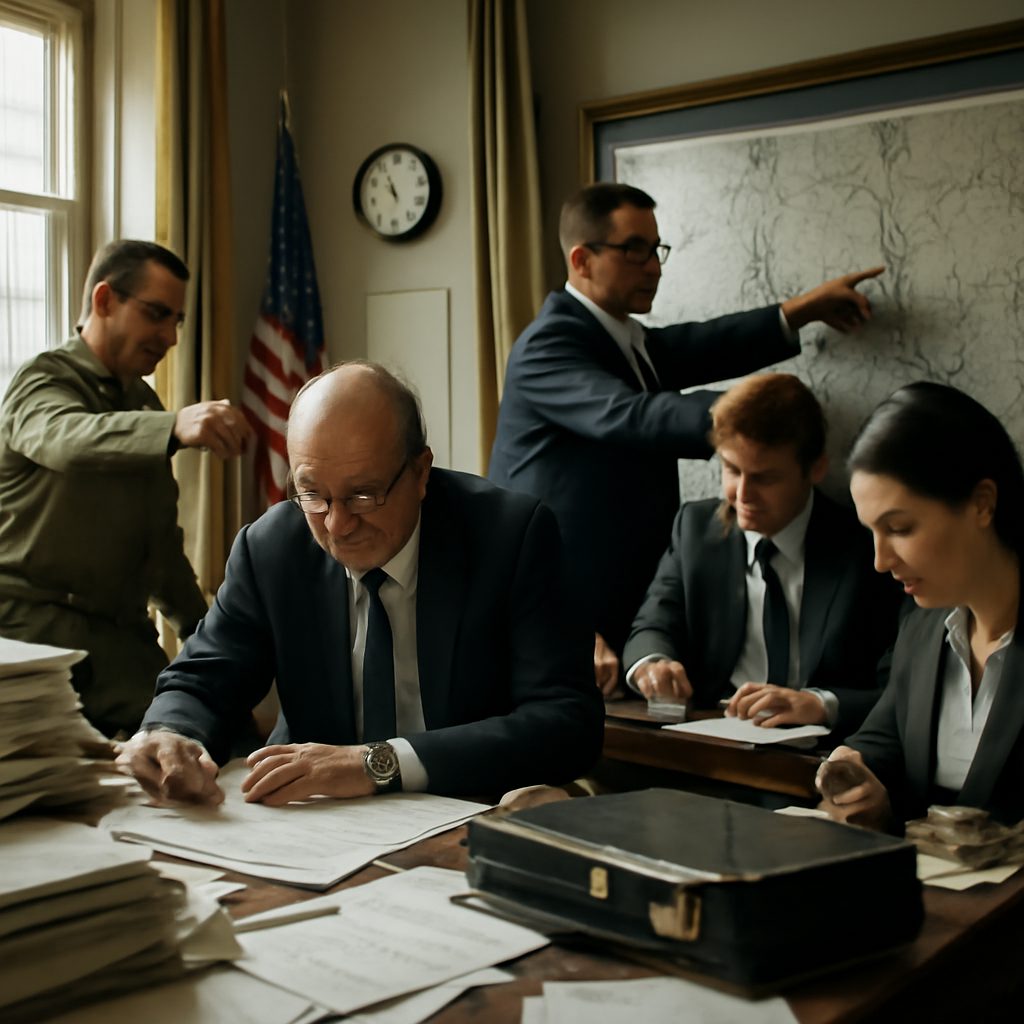 Officials in formal attire gather around a large table, surrounded by stacks of documents, conveying a sense of urgency and…