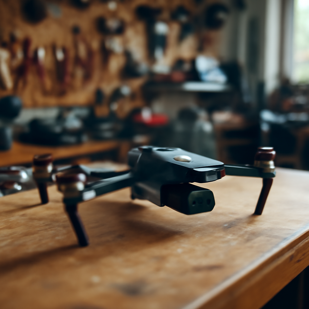 Drone sits on workbench in cluttered workshop with tools and natural daylight.
