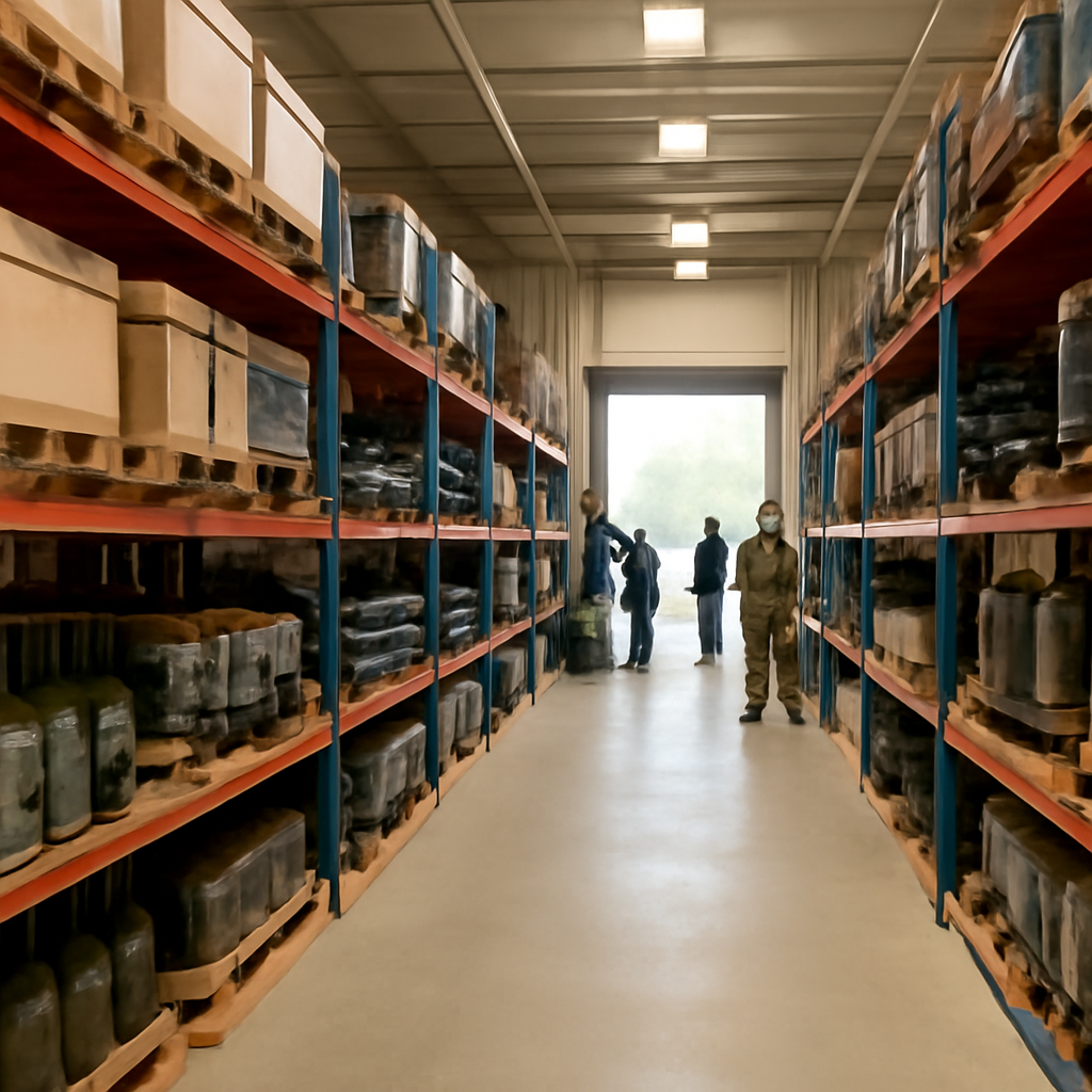Rows of shelving units stocked with munitions and defense equipment at a US military logistics facility.