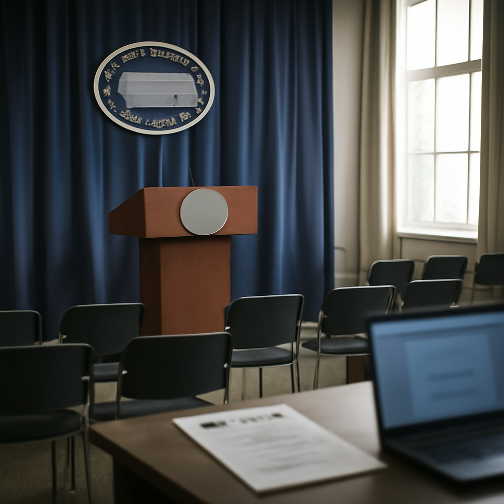 Formal Department of Defense briefing room with empty chairs and podium.