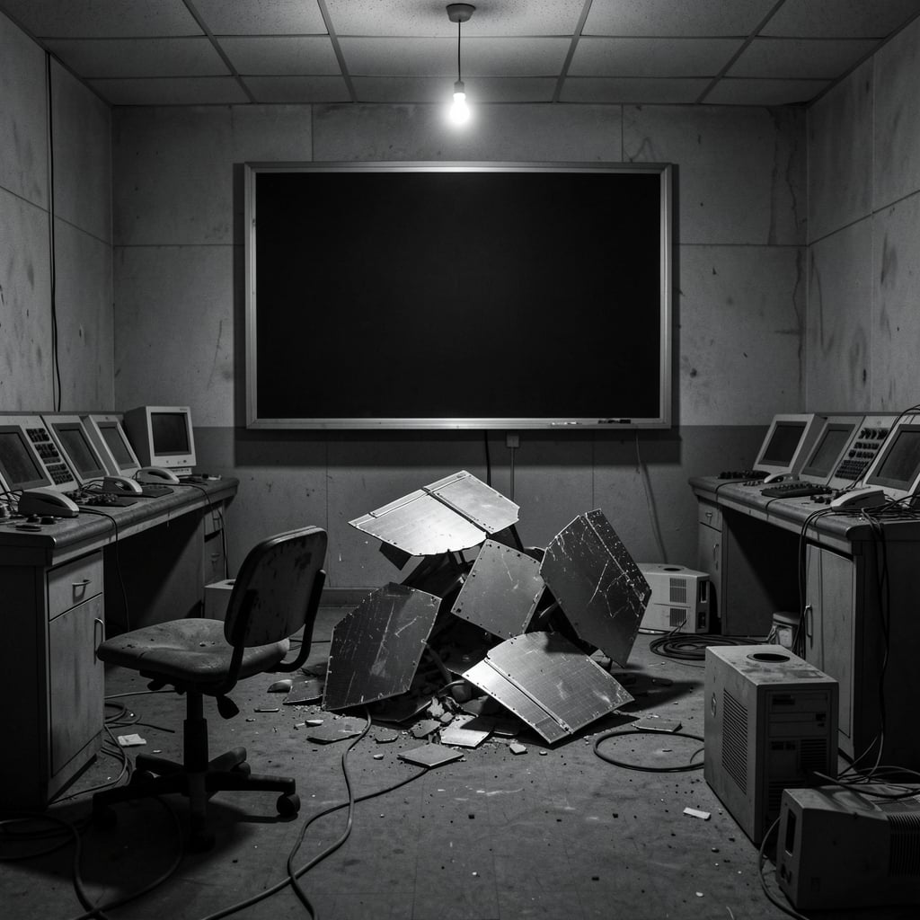 Abandoned control room with darkened screen, broken terminals, and a single worn-out chair.