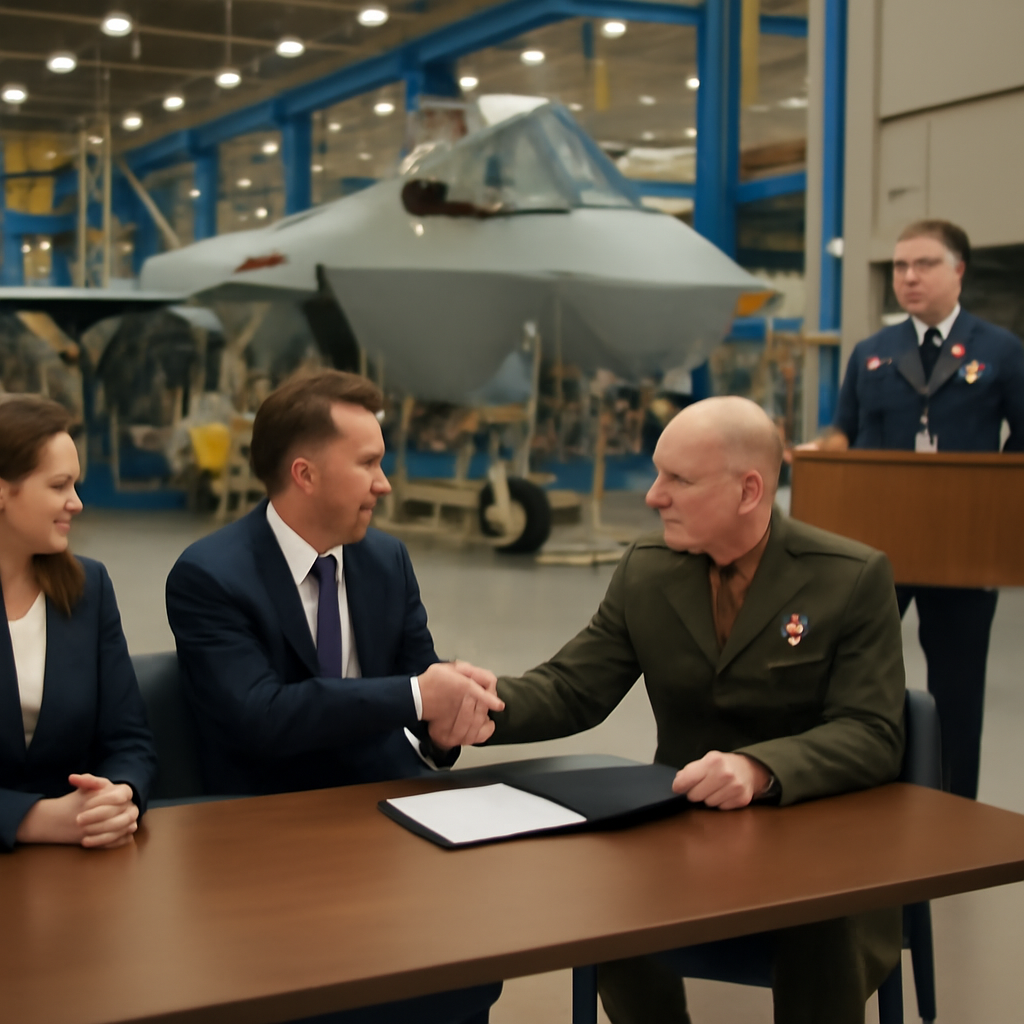 Formal meeting in a brightly-lit room with people in business attire and military uniforms around a conference table.