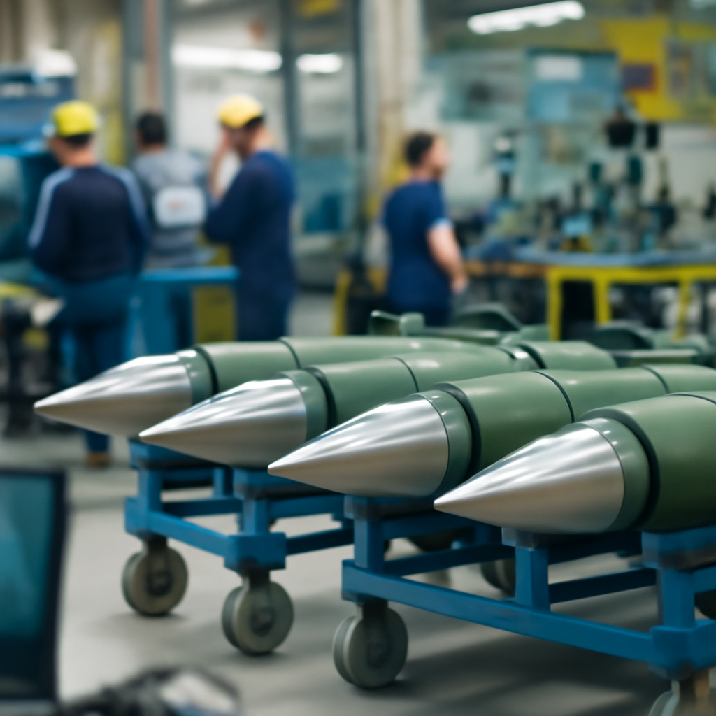 Rows of missile components on a production line with machinery in a well-lit facility.