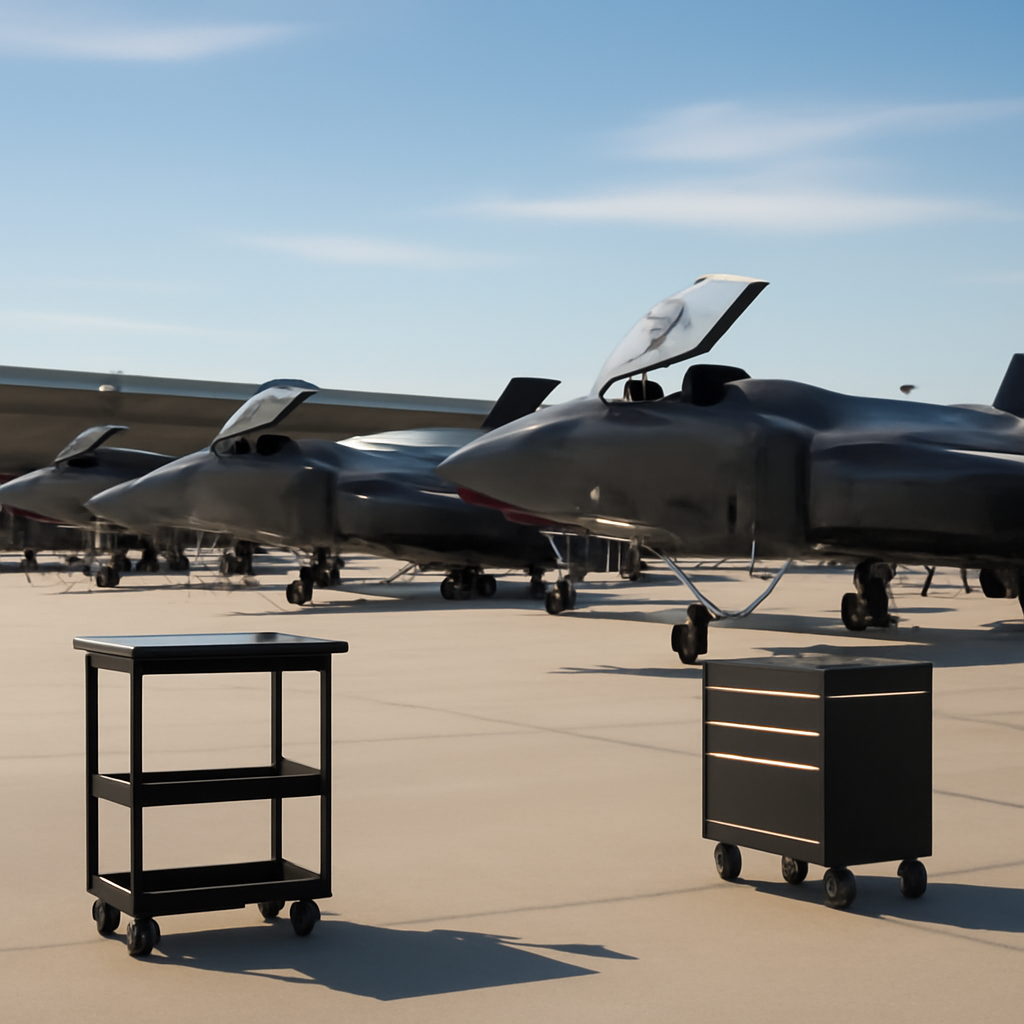 F-35 fighter jets on a US military base with some in maintenance and tools in foreground.