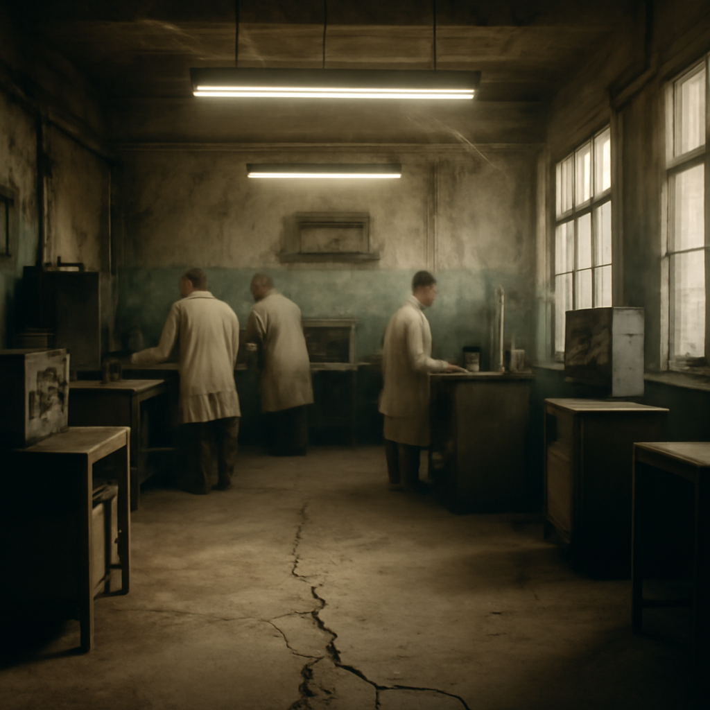 Worn laboratory interior with outdated equipment and scientists working in background.