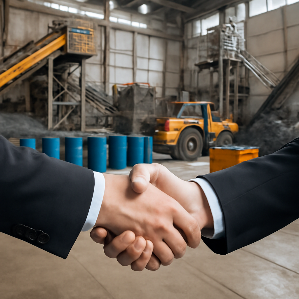 Businessperson stands in front of industrial equipment and raw materials at a factory or mining facility.