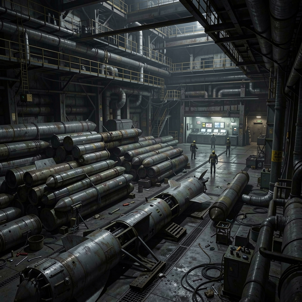 Dark industrial facility with stacked munitions and lone workers amidst catwalks and ductwork, under dim lighting.
