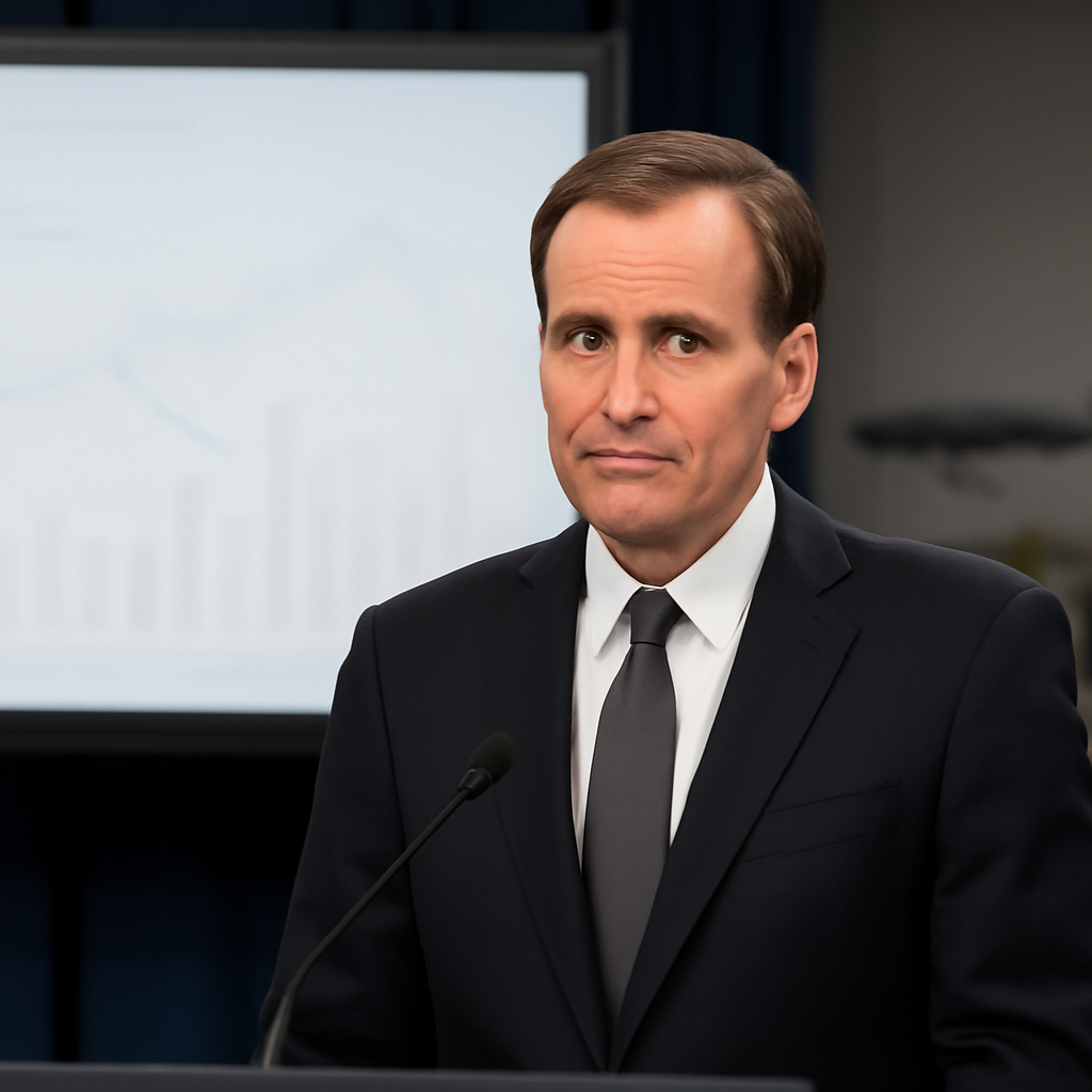 Pentagon official stands before blank projection screen in formal briefing room.