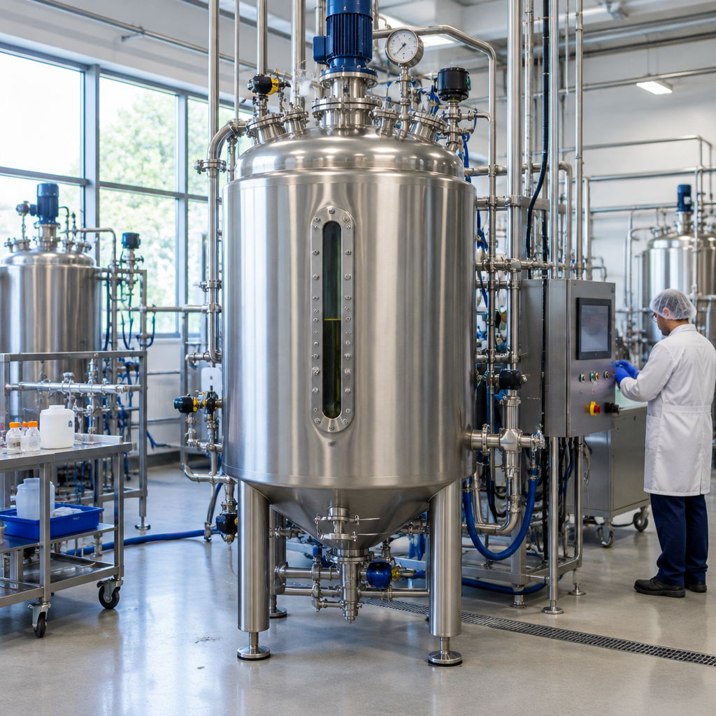 Biomanufacturing facility with large stainless steel vessel and industrial equipment.