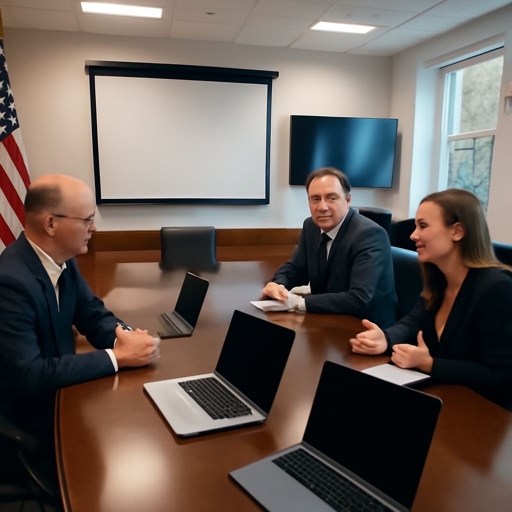Formal conference room with laptops, tablets, and display devices.