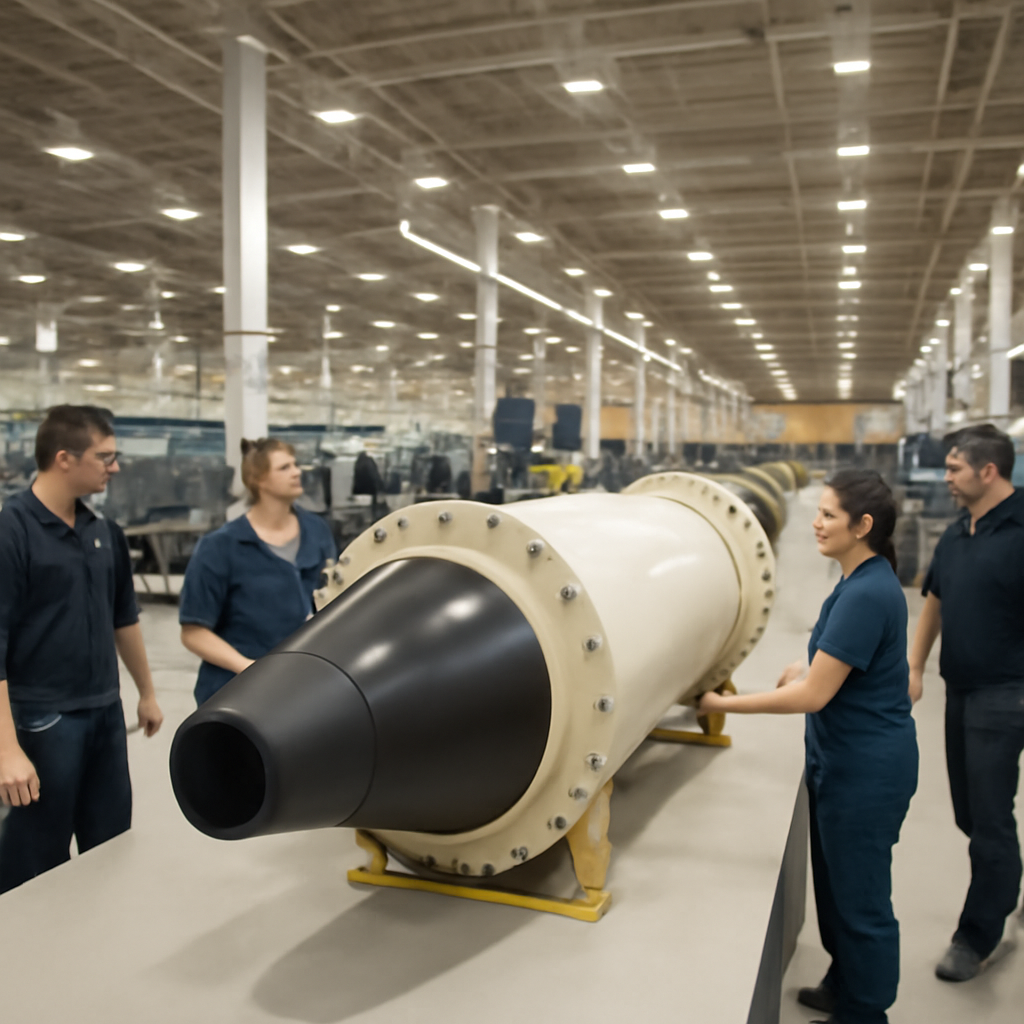 Workers assemble large industrial equipment at a brightly-lit manufacturing facility.