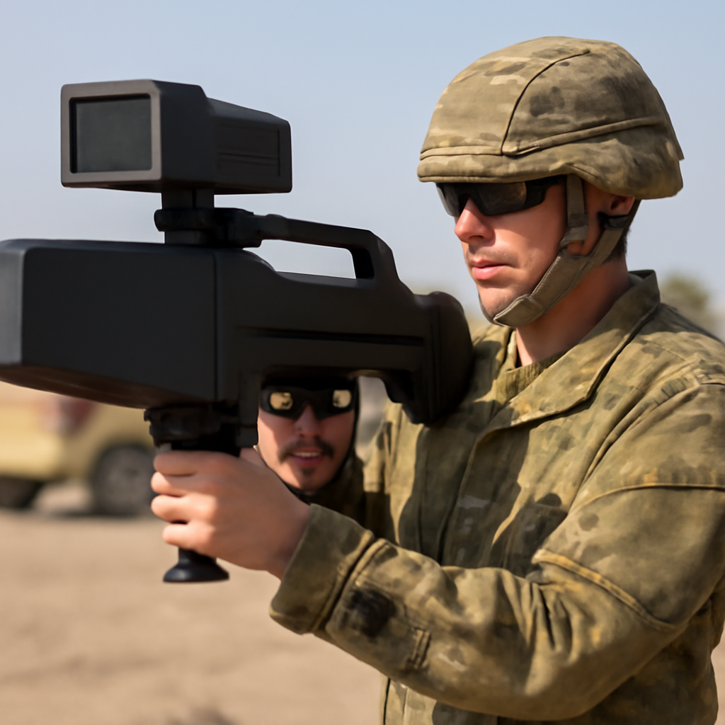US military personnel handles portable counter-drone system outdoors.
