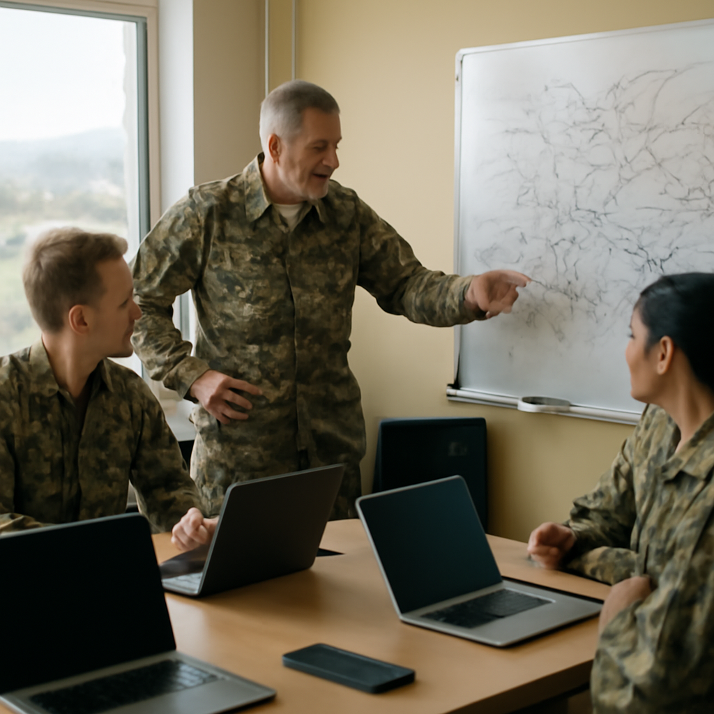 Military briefing room with modern and traditional equipment, large whiteboard, and laptops near a window with natural light.
