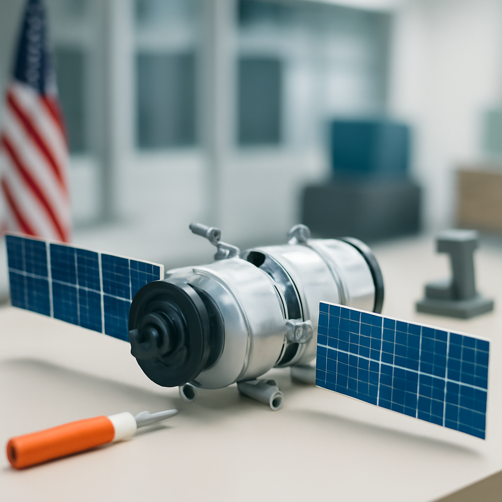 Satellite model on a clean surface with a blurred government facility background.