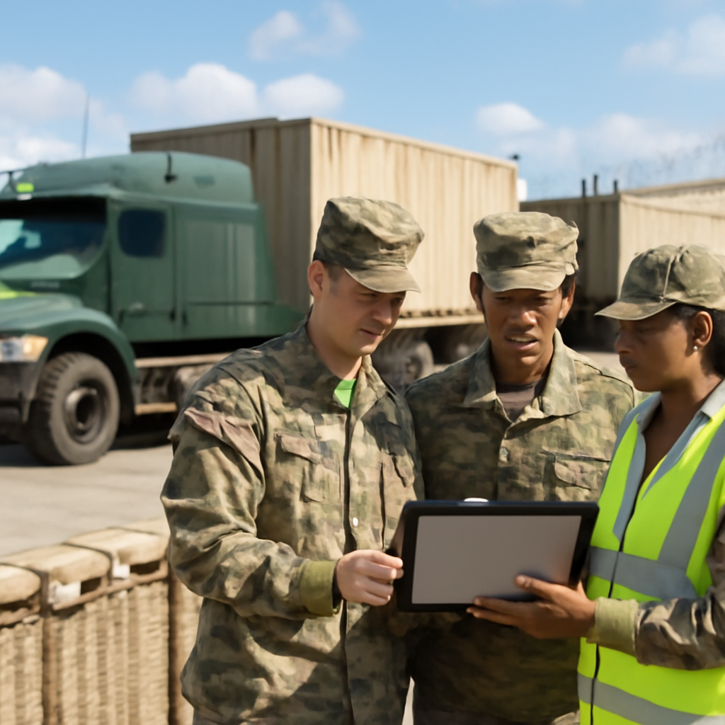 Military personnel examine a digital display at a logistics hub with trucks and shipping containers in the background.