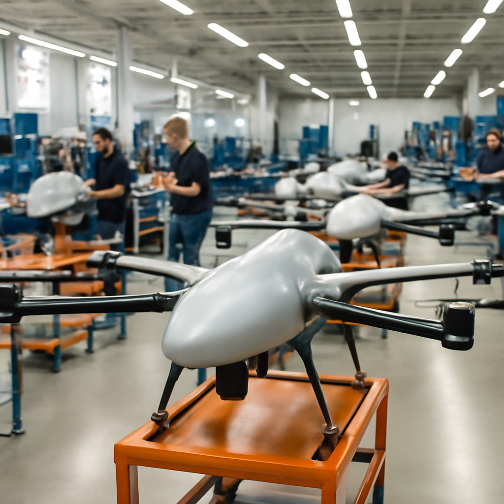 Workers assemble drones at industrial workstations on a factory floor.