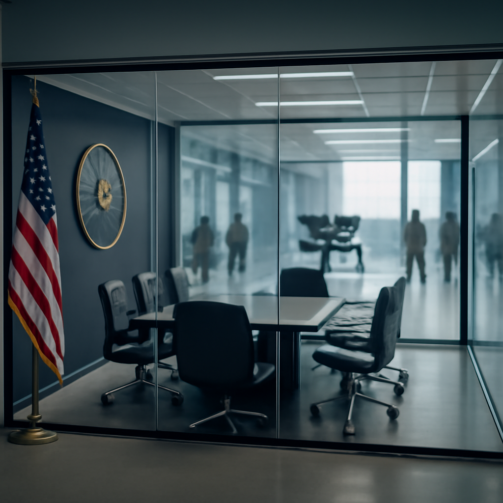 Modern military base with futuristic elements and sleek conference room.