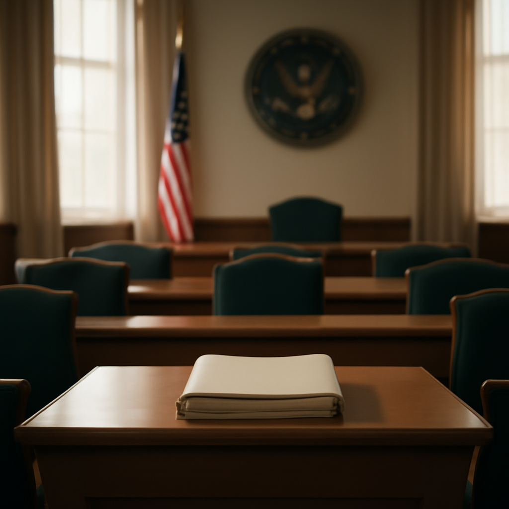 Formal government office interior with empty chairs, podium, and documents on a table near tall windows.
