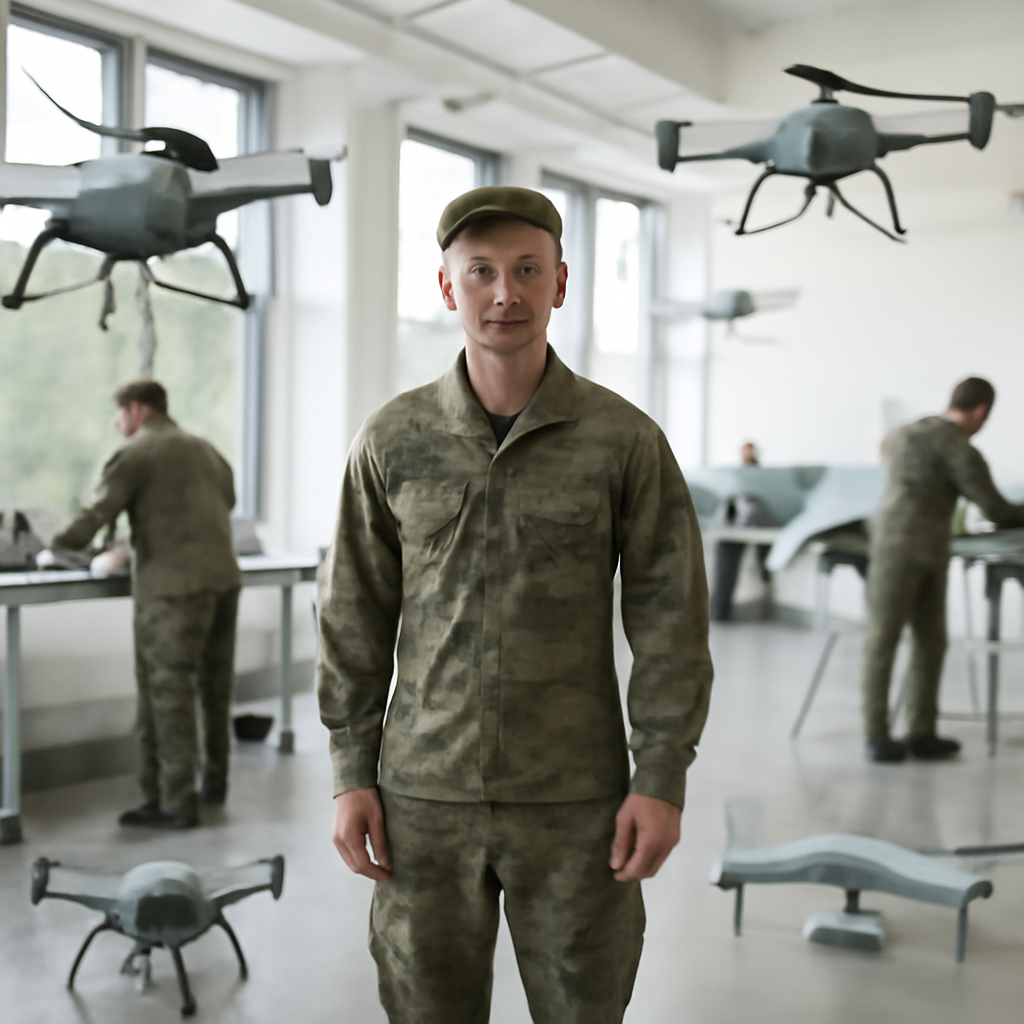 Military personnel surrounded by various autonomous drones in a testing range.