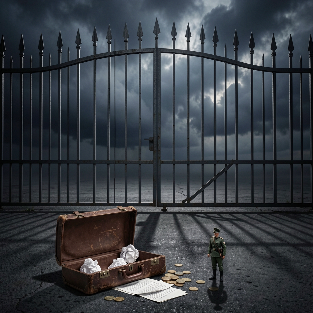 Worn leather briefcase lies open with crumpled papers and coins, in front of ominous metal gate and dark sky.