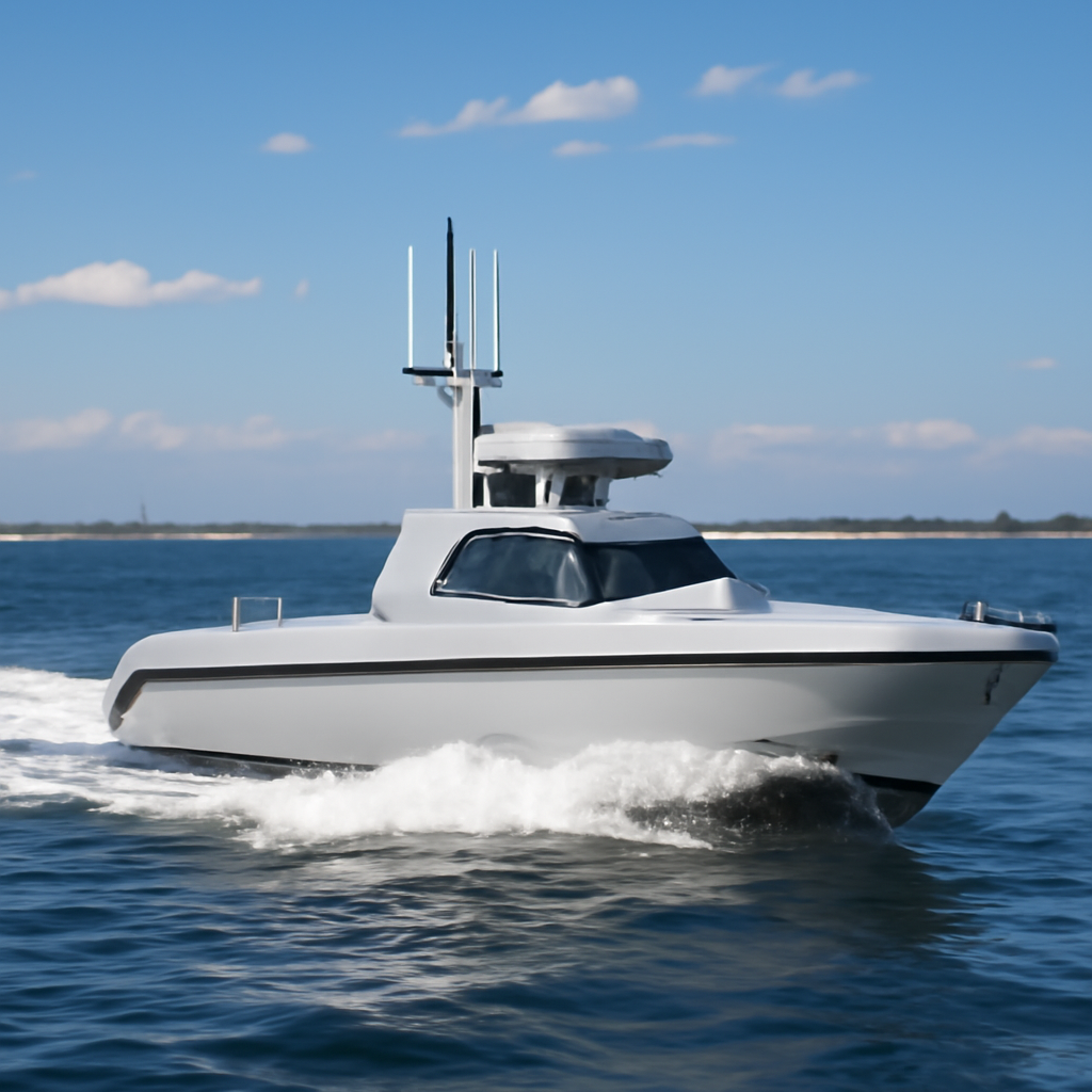 Sleek unmanned surface vessel underway on calm waters with futuristic sensor system.