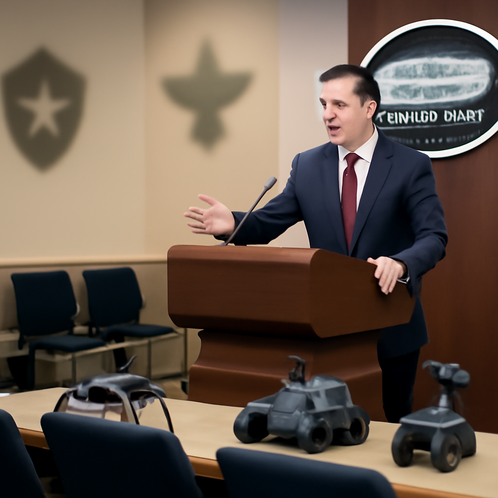 US military officer presents in formal setting with Pentagon emblem backdrop.