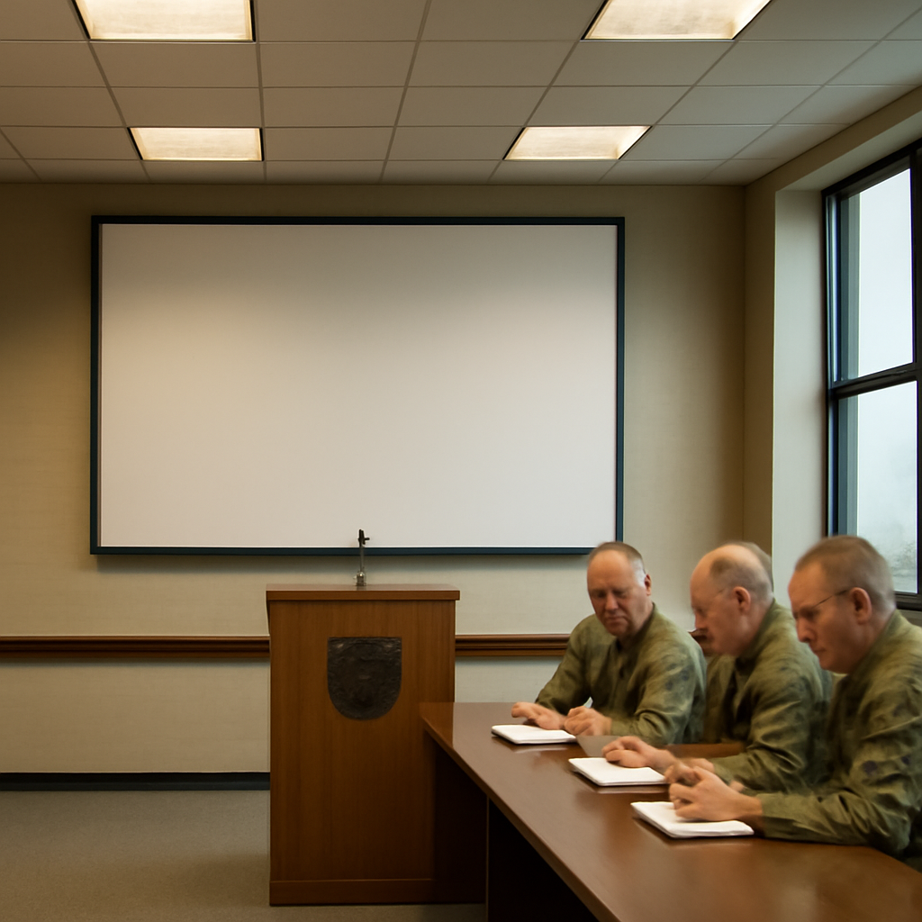 Senior officers seated at a table in a briefing room with a podium and large screen.