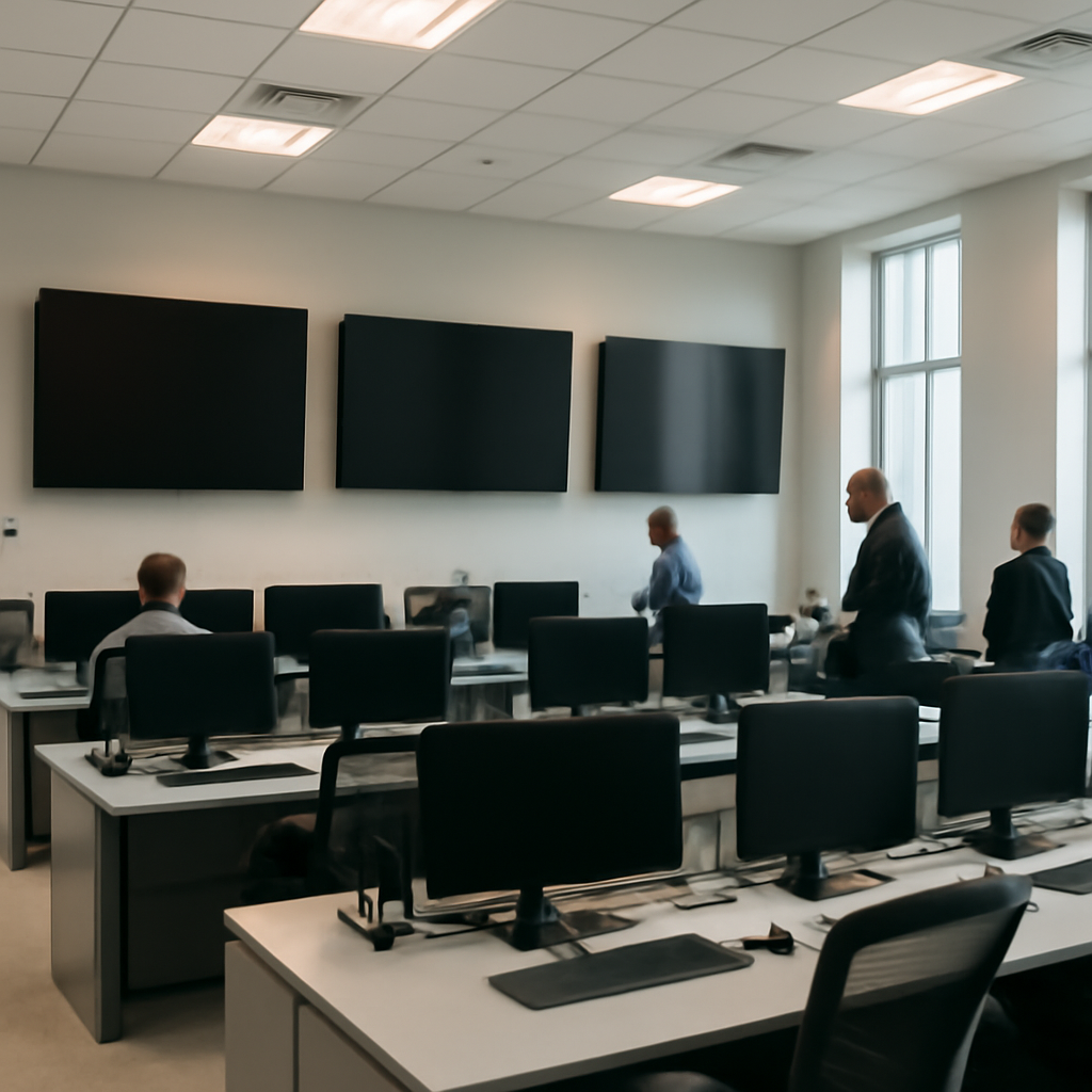 Secure operations center with workstations, large screens, and subtle security features.