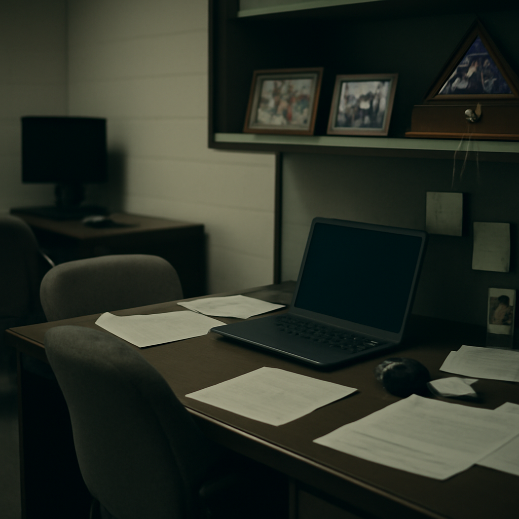 A quiet, empty government workspace with personal items on a desk, evoking a sense of isolation.