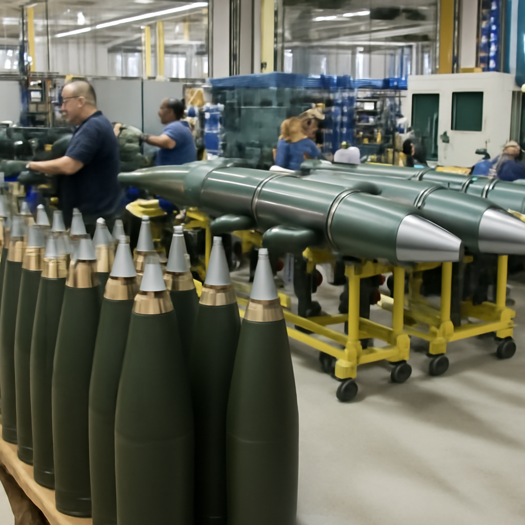 Rows of missile casings and artillery shells in various stages of production at a US military munitions facility.