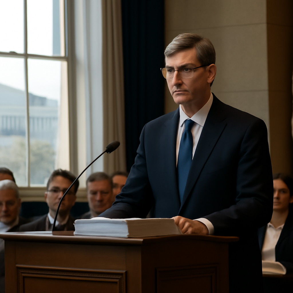 US government official addresses congressional committee at podium.