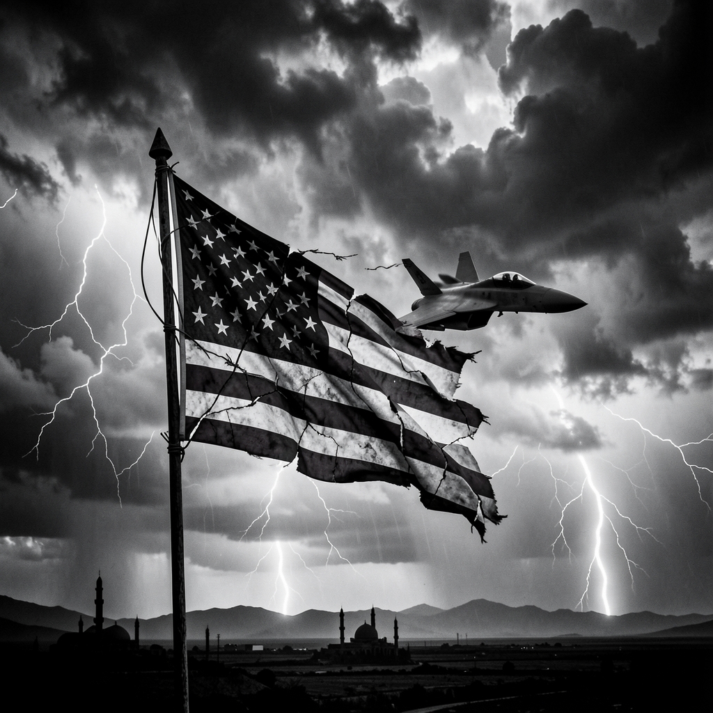 Fighter jet flies through stormy sky amidst dark clouds and lightning, with a worn and cracked American flag waving in the…