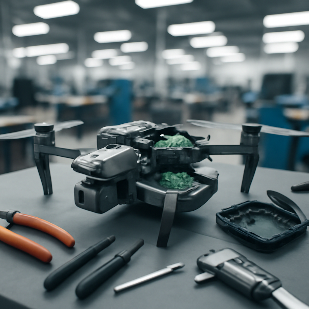 Drone on workbench with panels removed, surrounded by tools in a modern facility.