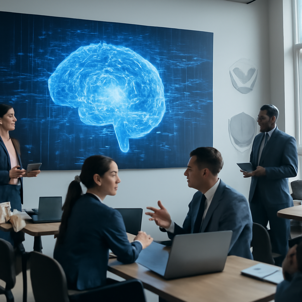 Government personnel gather around a large screen displaying an abstract AI data visualization in a brightly-lit conference…