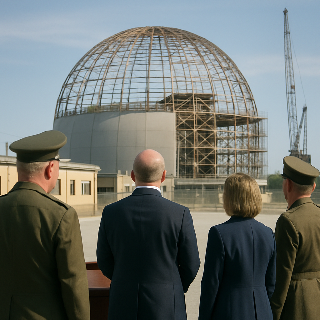 Officials gather near a podium in front of a partially built dome-shaped structure at a government facility.