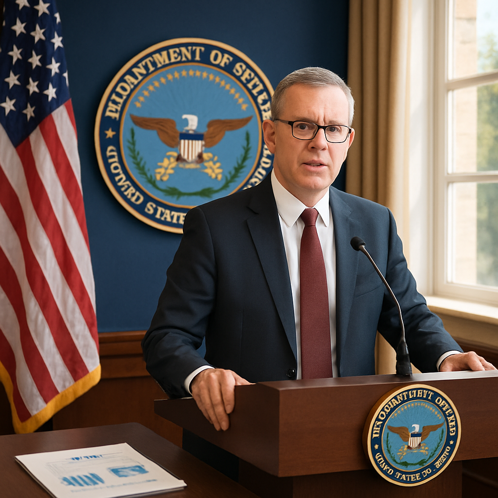 US official speaks at Pentagon briefing podium with flag and DoD seal behind.