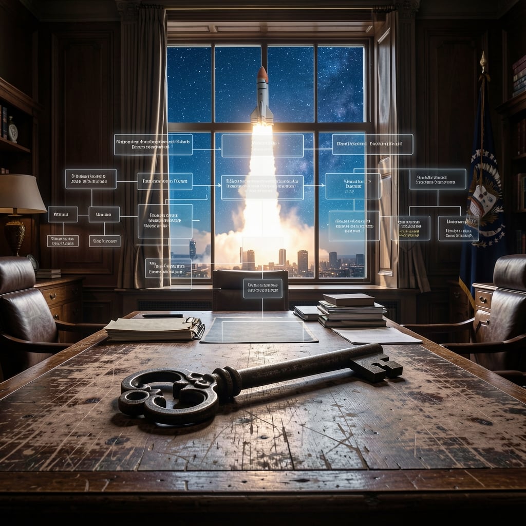 Old key on a worn desk in a government office with a rocket ship launching in the background and a faint image of…