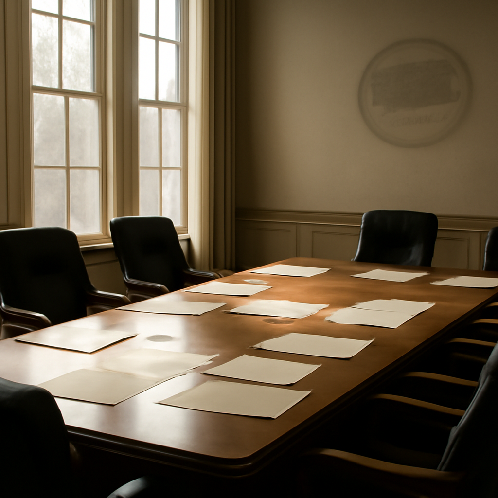 Pentagon conference room with scattered documents and a subtle seal in the background.