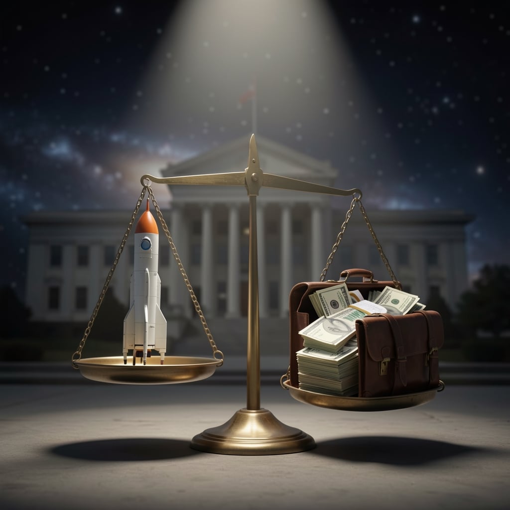 A scale balances a miniature spacecraft and a stack of financial documents under a spotlight, set against a blurred…
