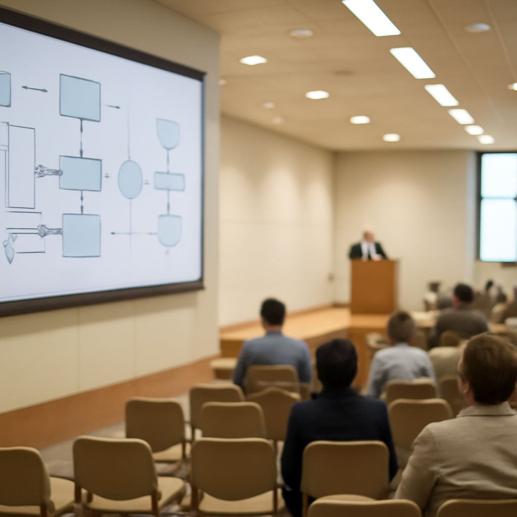 A conference room with a podium and rows of chairs, featuring a blurred technical diagram on a large screen.