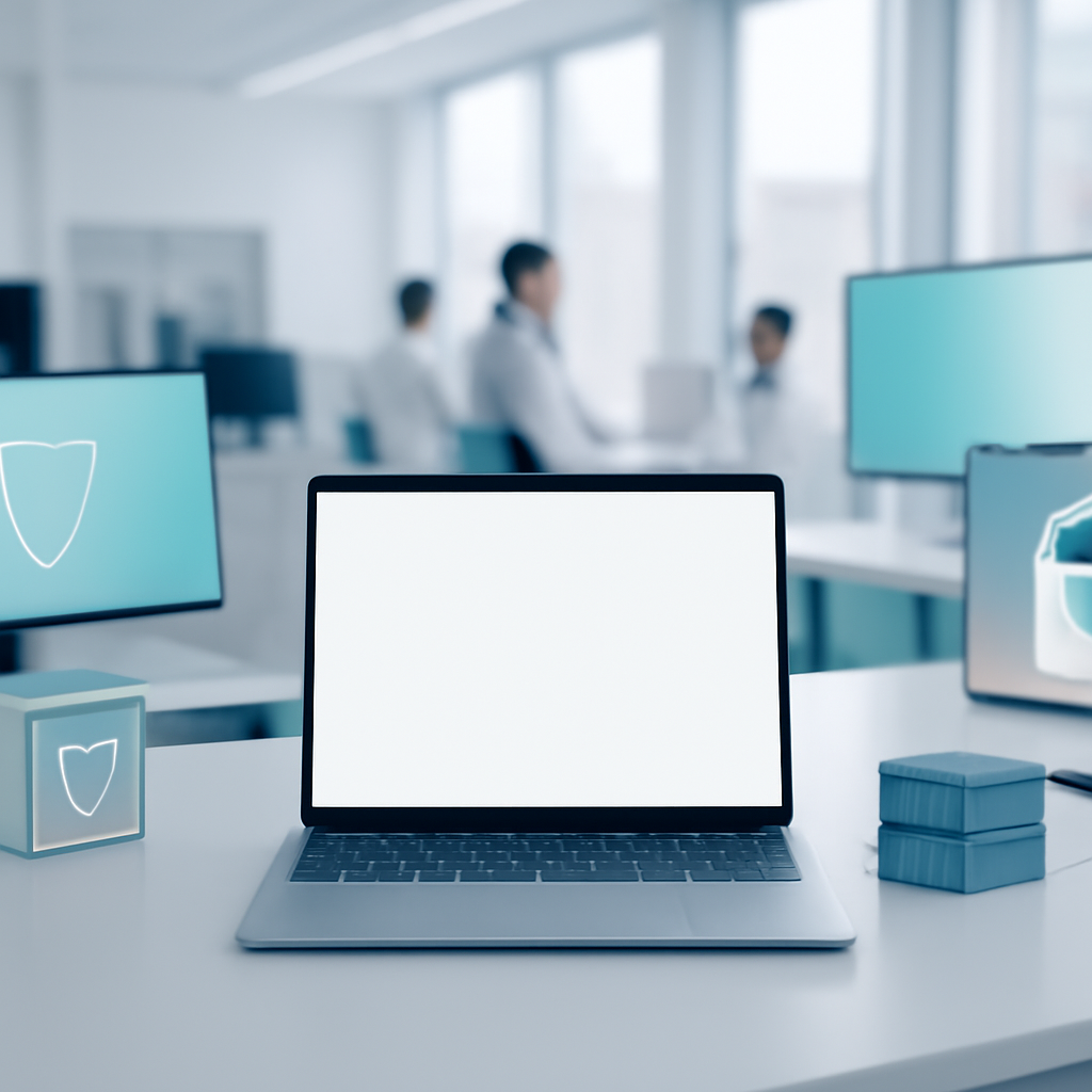 Modern security operations center with people working in background, focusing on futuristic cybersecurity workstation.