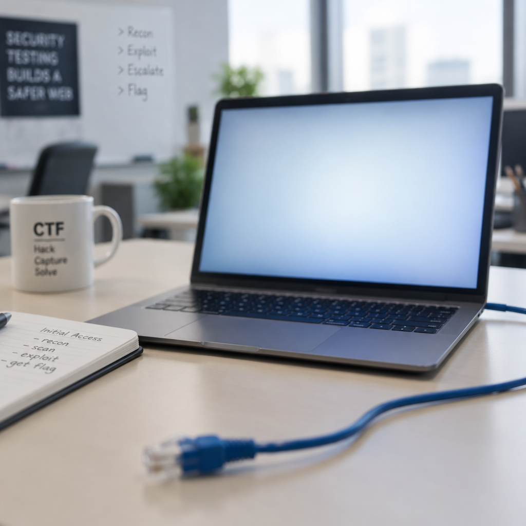 Laptop on a desk with a blank, glowing screen and a blurred Ethernet cable.