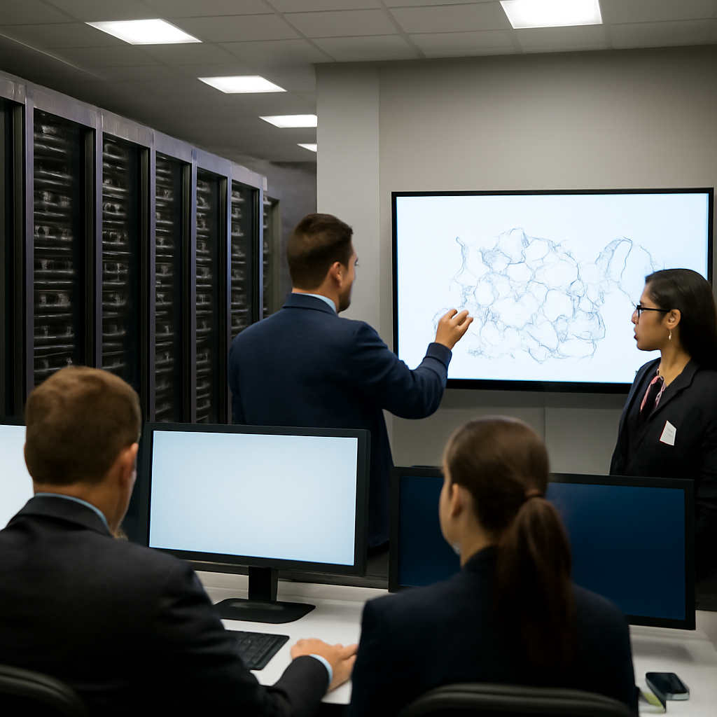 Government personnel work at a console in a secure communications facility with network equipment and a large screen display.