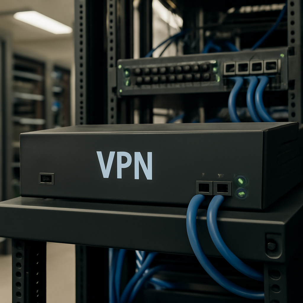 A generic VPN gateway device sits on a rack in a brightly-lit data center.