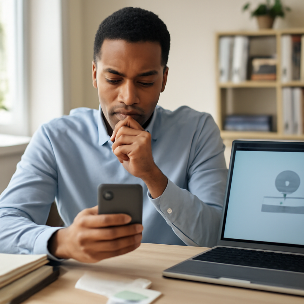 Worker sits at desk, focused on smartphone with laptop open beside them.